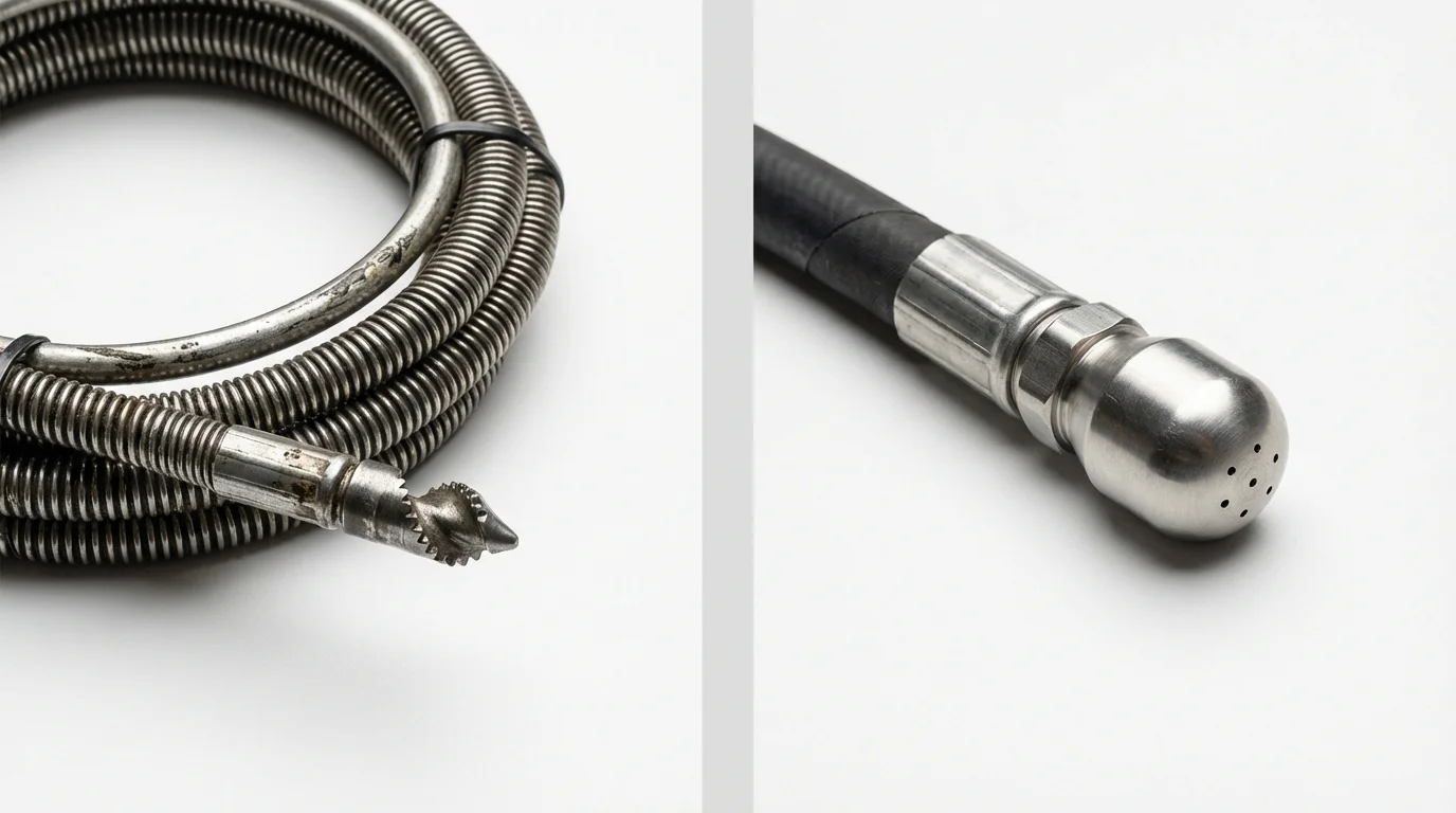 Drain snake cable and hydro jetting nozzle used for drain cleaning in Charlotte, VT