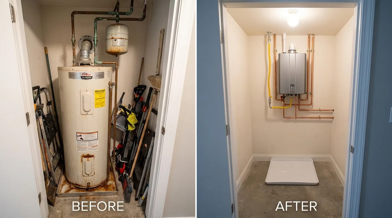 Tank water heater versus wall-mounted tankless unit comparison for Charlotte, VT homeowners