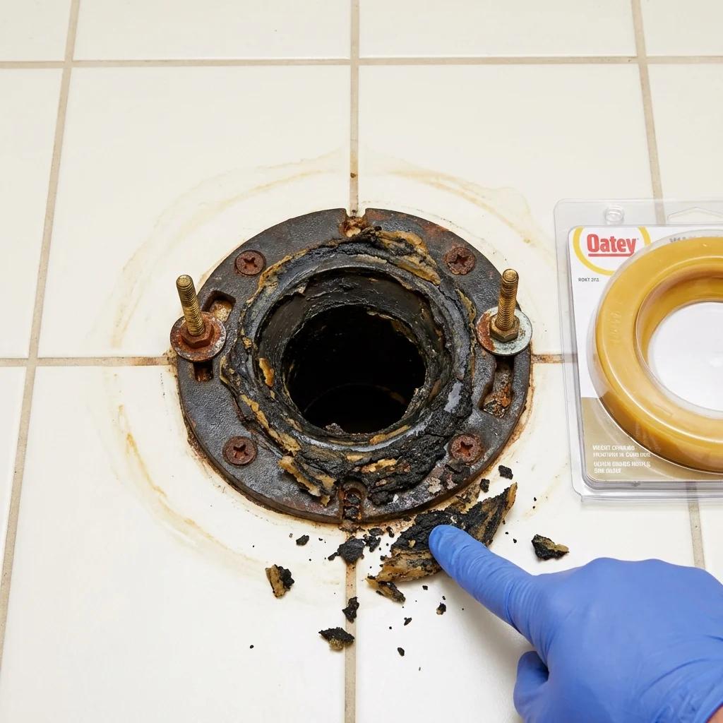 Failed wax ring showing water seepage at the base of a toilet in a Charlotte, VT home