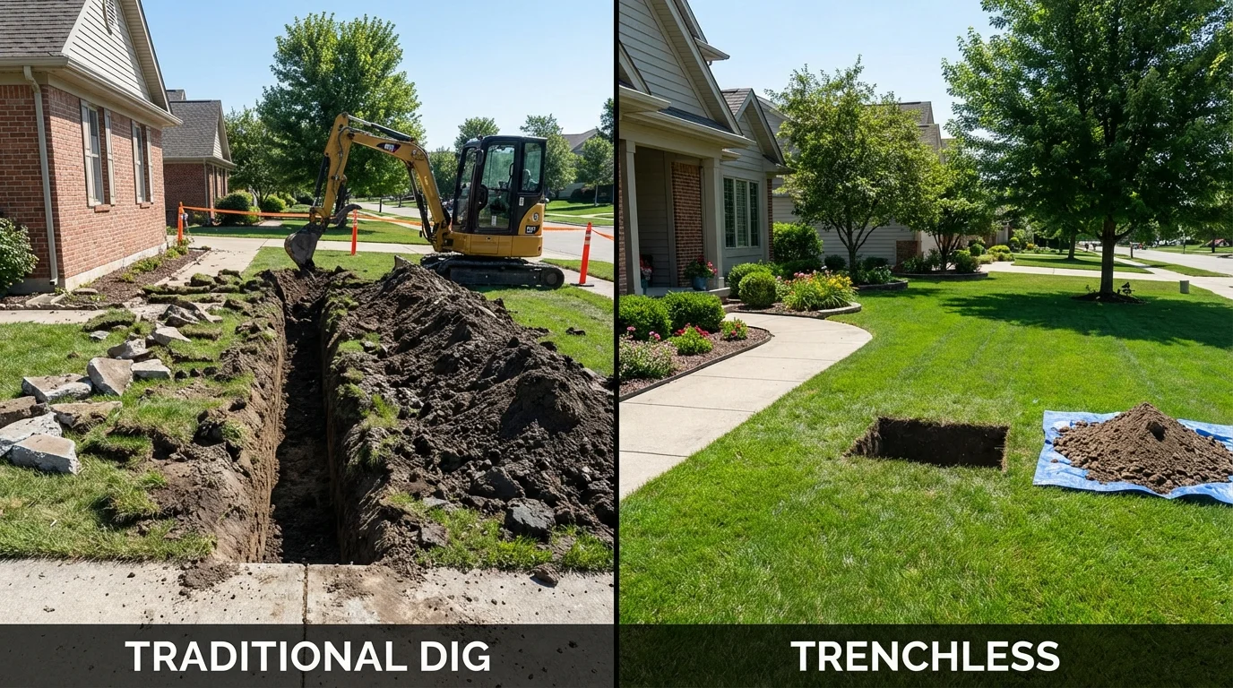 Trenchless sewer repair with minimal yard damage versus traditional excavation in Charlotte, VT