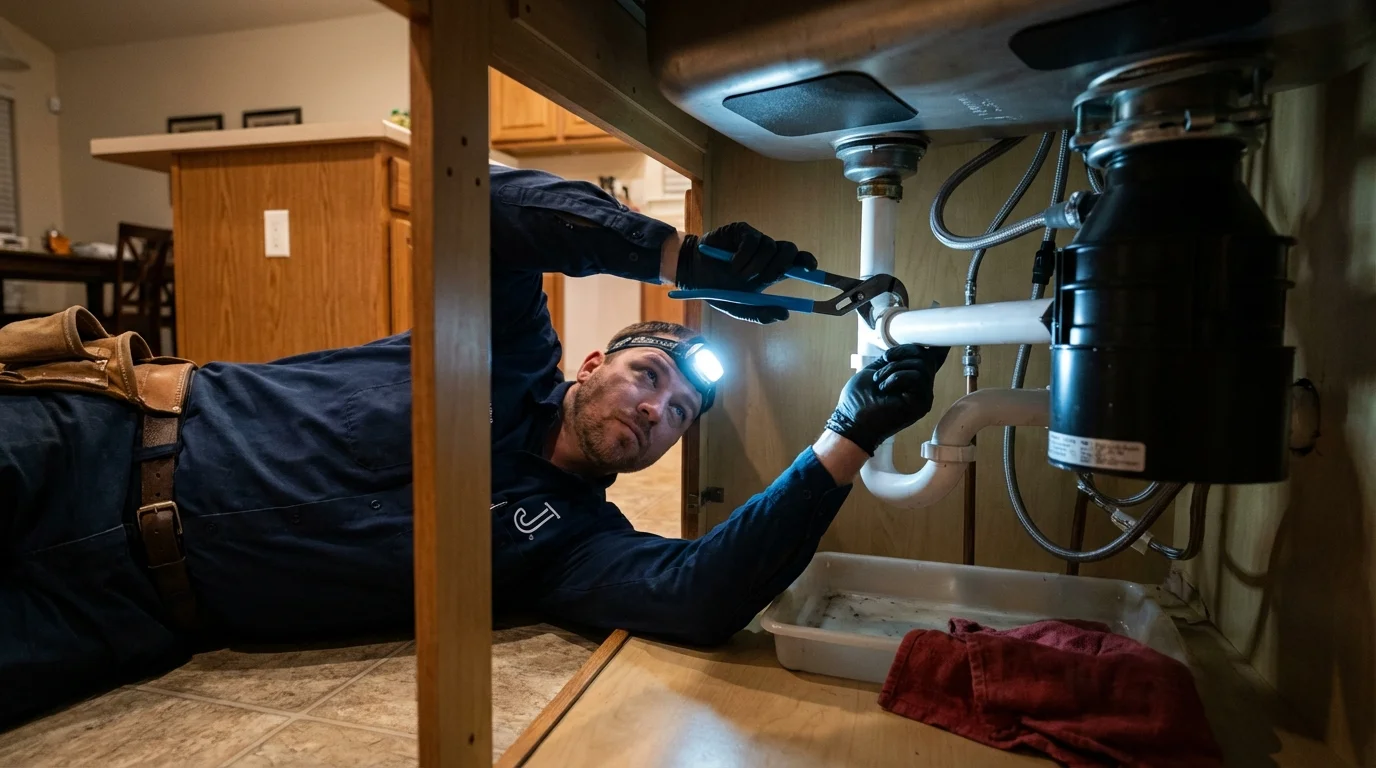 P-trap and supply line connections under a kitchen sink showing a common leak point in Charlotte, VT